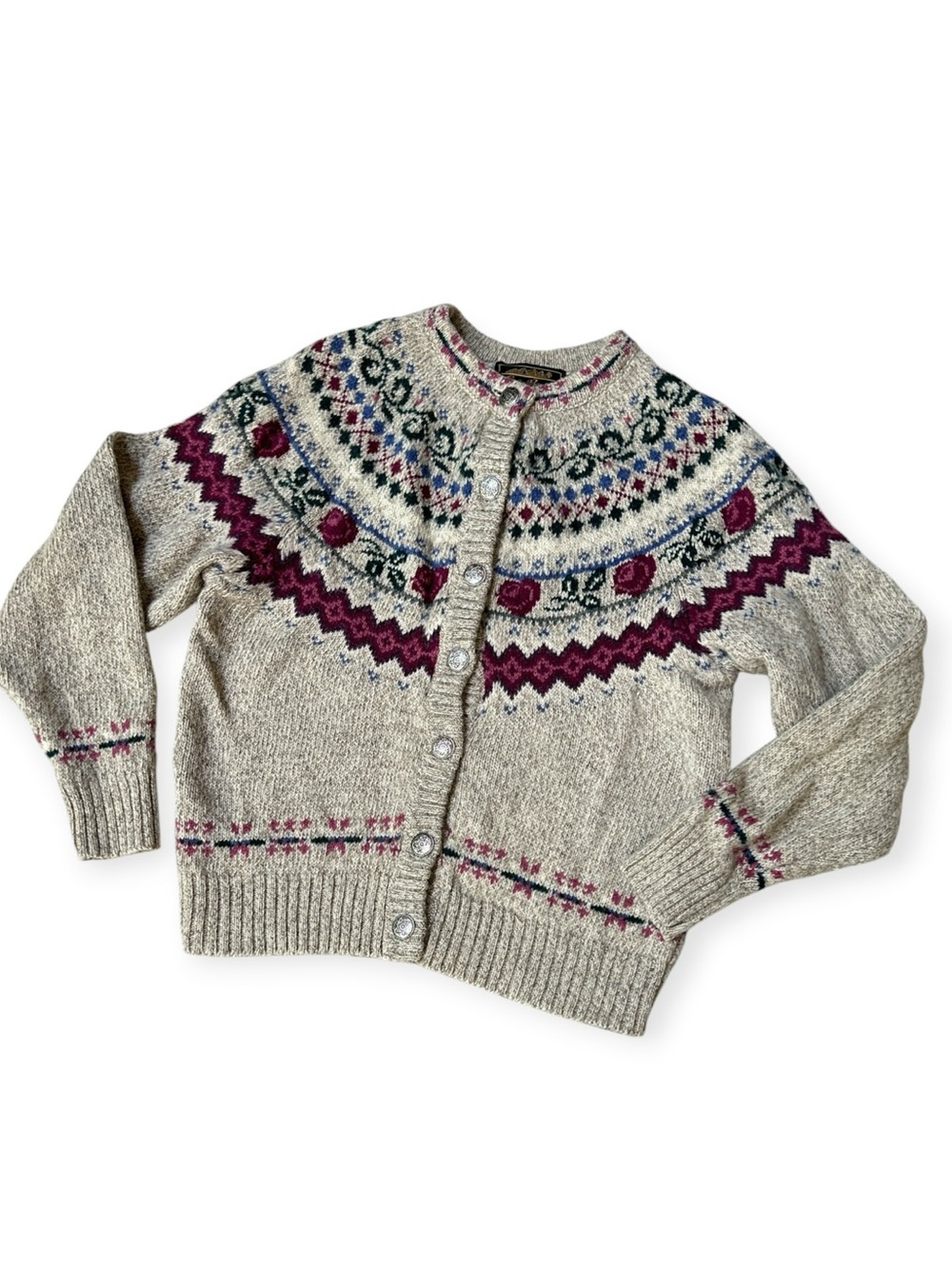 Vintage Eddie Bauer Fair Isle Wool Cardigan Oatmeal Nordic Sweater Small
